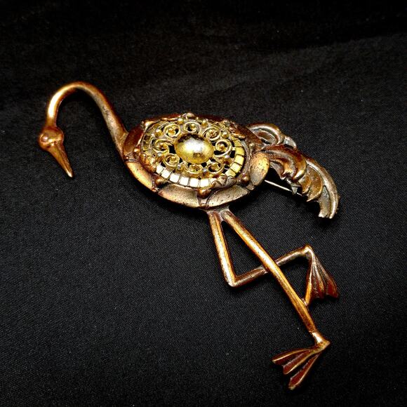 Vintage Tall Bird Brooch, Mixed Metals, 1930s 1940s - Picture 9 of 10